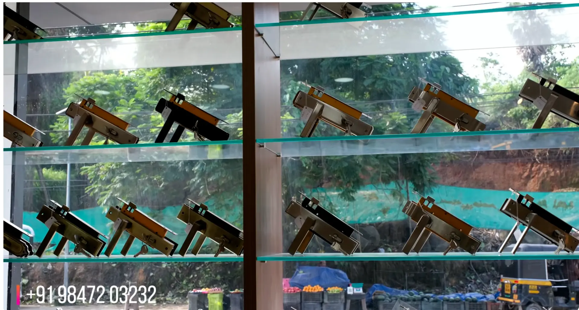 Mechanical mortise door locks on glass shelves
